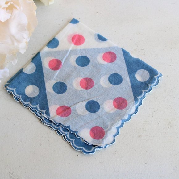 Vintage Cotton Handkerchief / Blue and Pink Polkadots Hanky - Picture 2 of 8